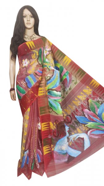 Multi colored hand painted full body work jamdani silk saree